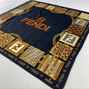 Fendi Navy and Gold Logo Scarf 22”x22”
